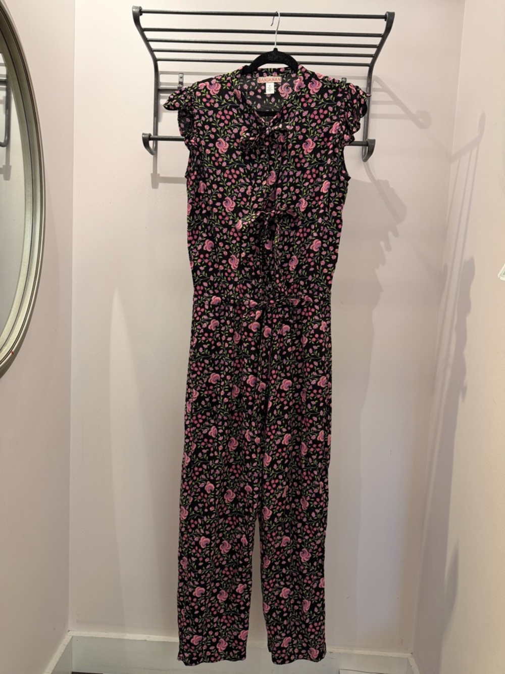Banjanan Antoinette Jumpsuit Black with Pink Rose Print Size Medium